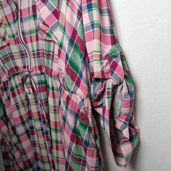 Torrid Dress Size 3 Plus Size 3X Pink Green Blue Pliad Roll Sleeve Midi Zip - Picture 7 of 16